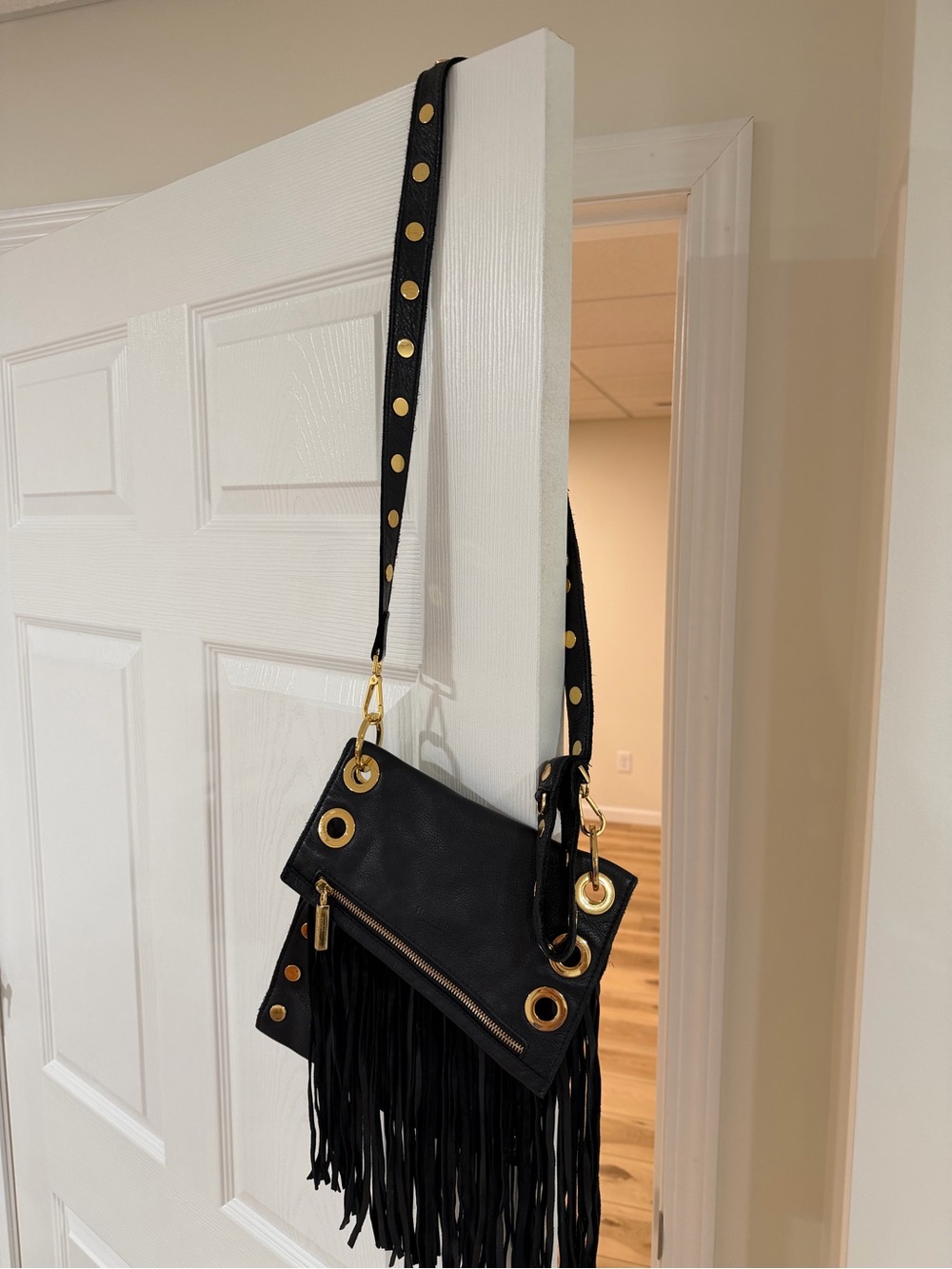 Black Fringe Crossbody Shoulder Bag with Gold Hardware